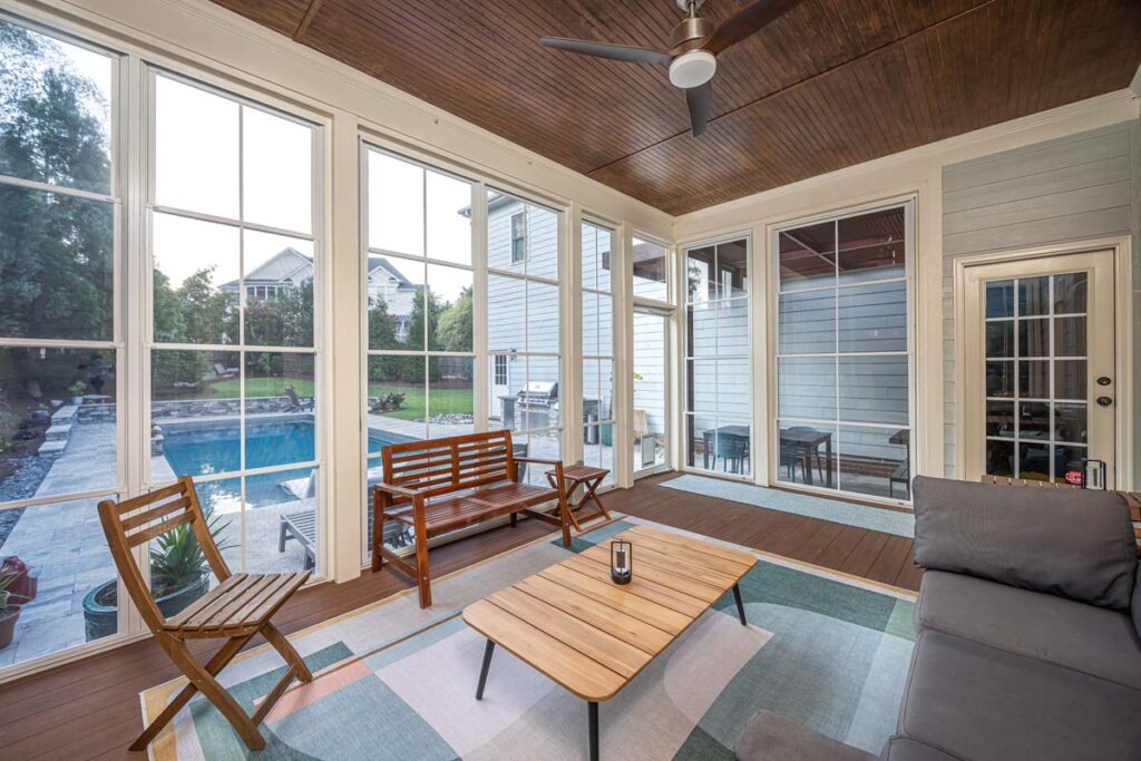 Interior view of Dominion indoor deck looking outside.