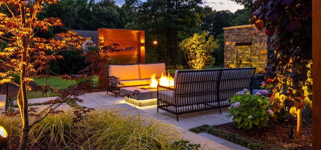 Panoramic close up of Clear Fall Twilight patio at night.