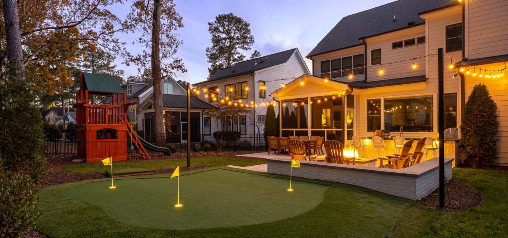 Panoramic shot showing Skybrook Oak patio and golf area.
