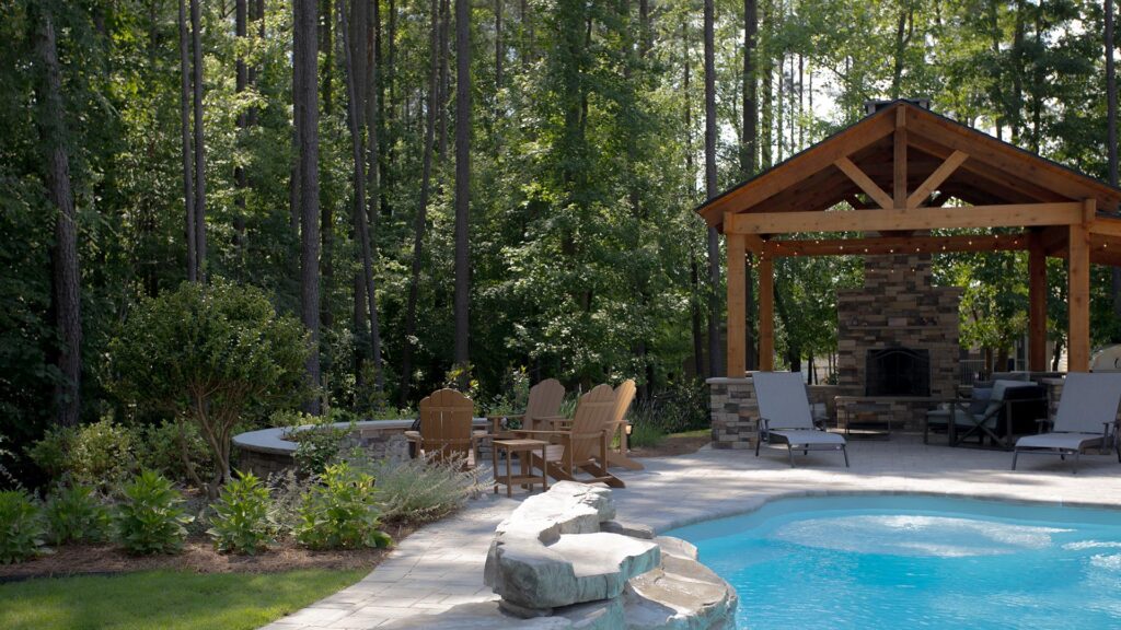 Swann Trail project featuring custom-built pavilion, fireplace, and pool.